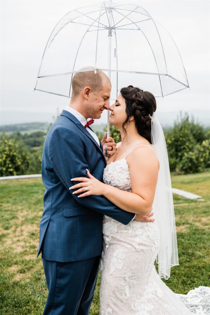 Charlottesville wedding photographer photographs bride and groom under a clear umbrella during their outdoor wedding