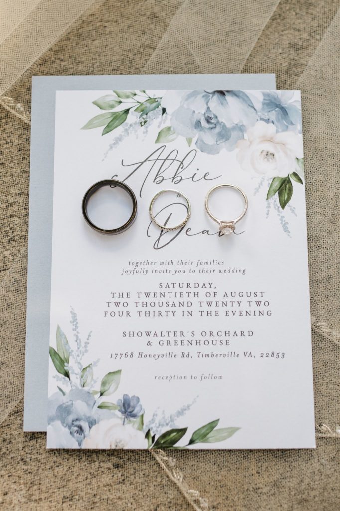 wedding invitations with blue florals photographed by Charlottesville wedding photographer for Shenandoah wedding 