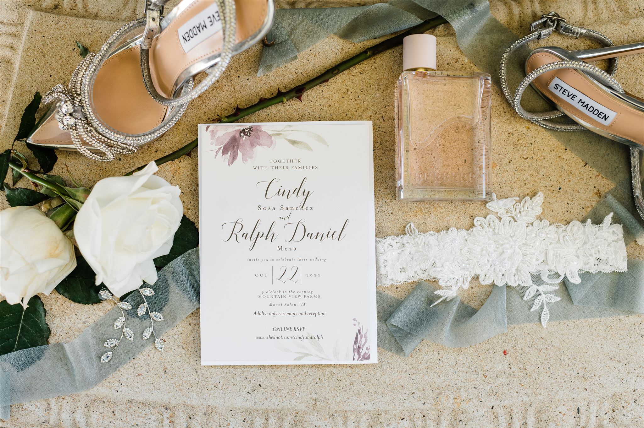 Shenandoah wedding flatlay photos with light pastel colors and natural textures