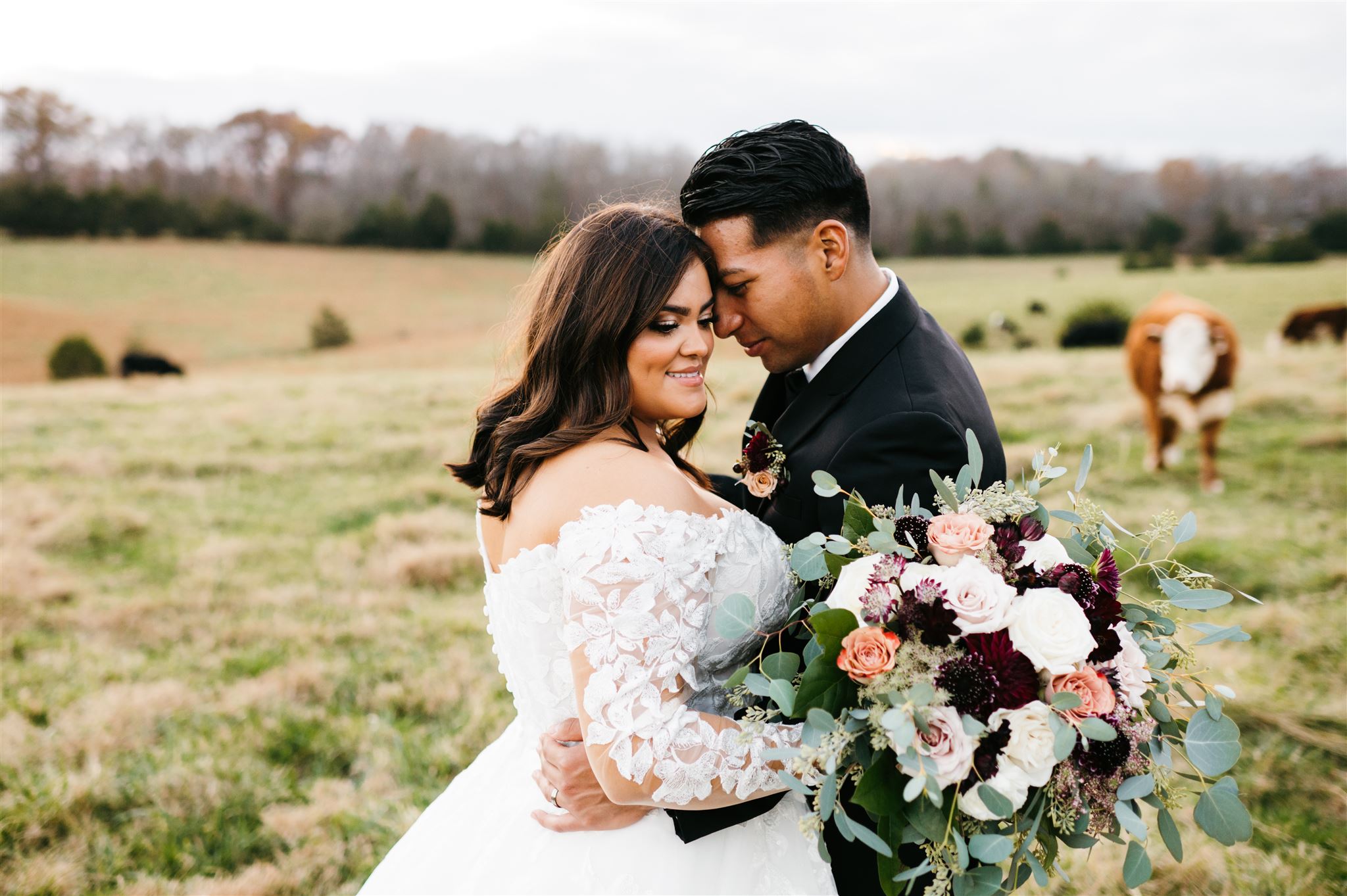 bride and groom embracing in a pasture full of cows at Oak Creek Farm wedding