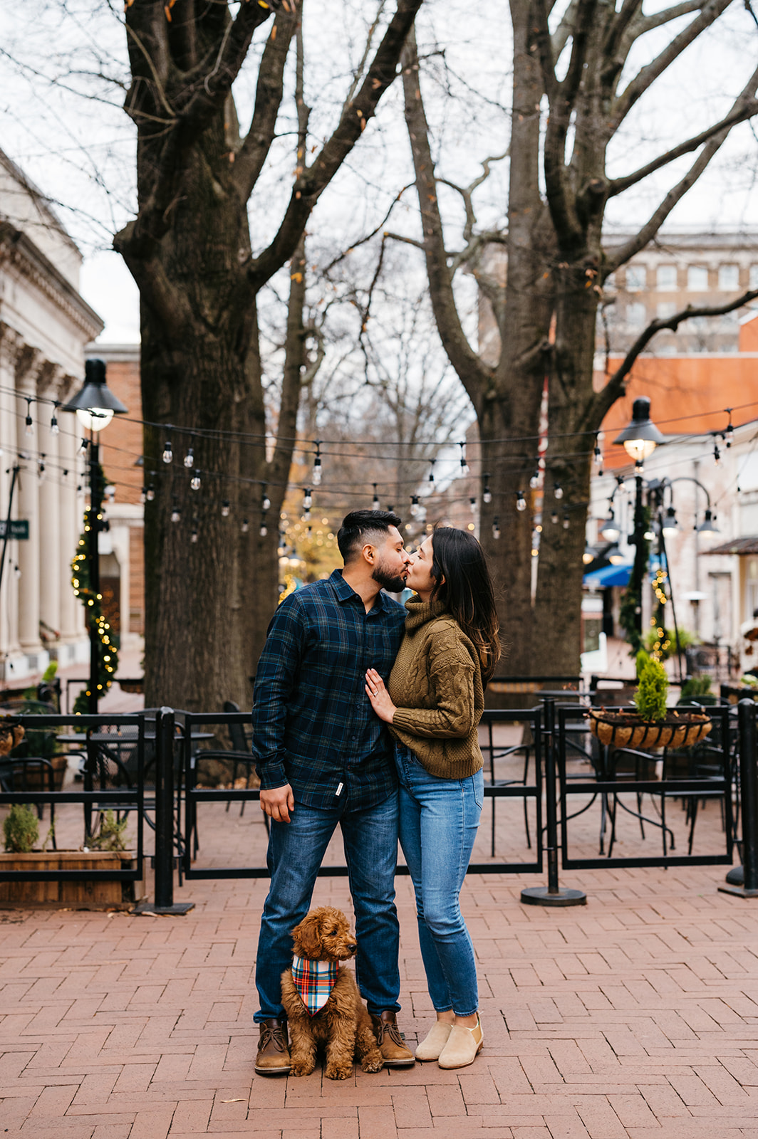 A festive image of a couple sharing a kiss under string lights in a charming outdoor setting surrounded by decorated trees. Their dog, dressed in a plaid bandana, sits between them, adding to the warm holiday vibe perfect for couple christmas photos captured by a virginia wedding photographer.